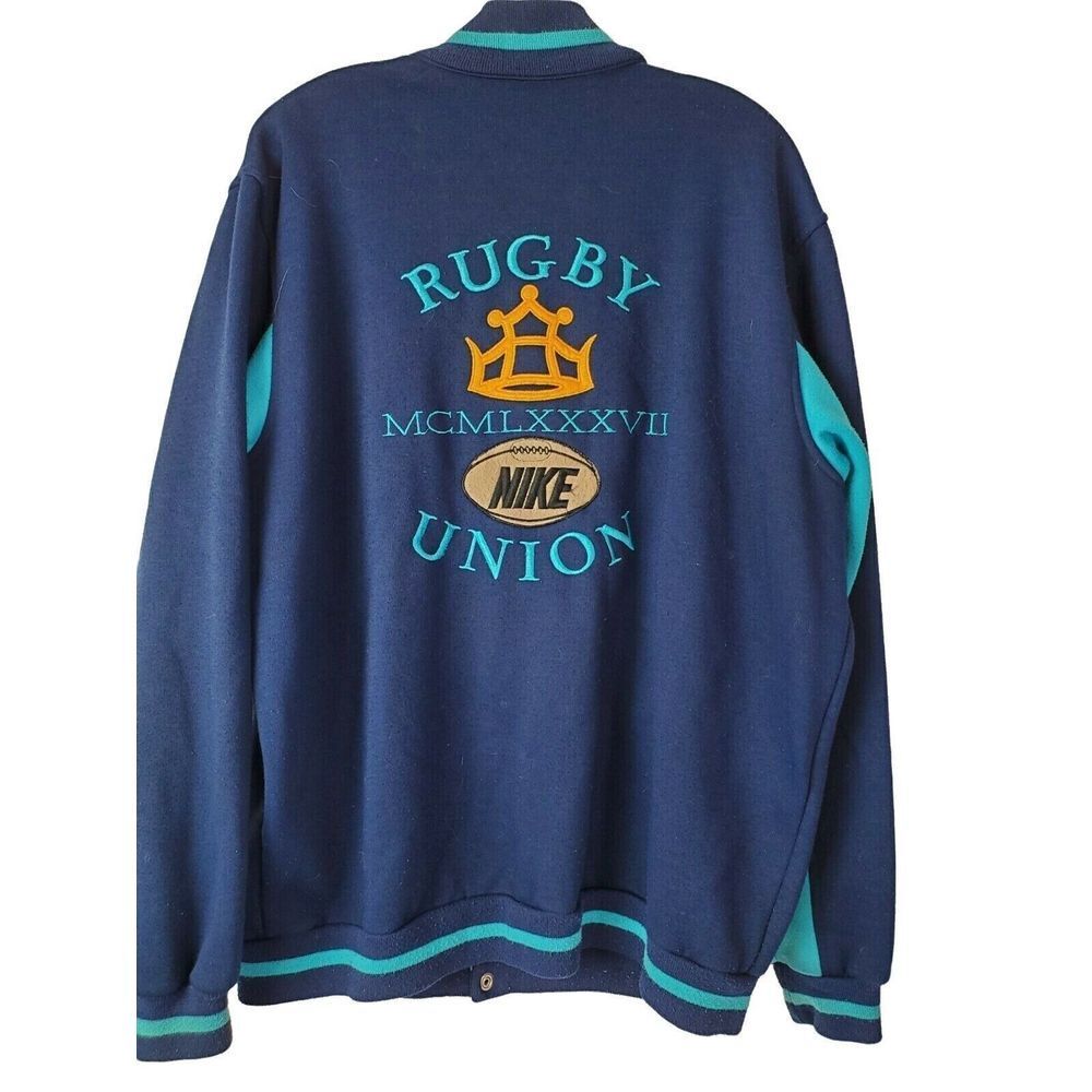 VTG Nike Rugby Union 1987 Snap Button Varsity Bomber Jacket Blue XL LS HN